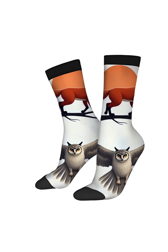 Four Seasons Universal Socks (2 Pairs) - Trendy Unisex Mixed Color Socks with Unique Fox Tail Brown Wing & Bird Head Design on White Background