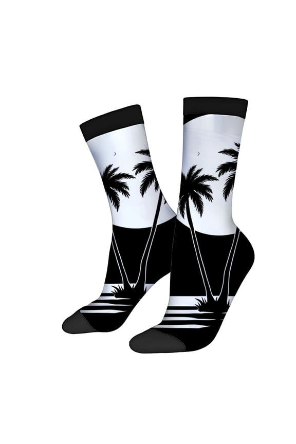 Four Seasons Universal Socks (2 Pairs) - Trendy Unisex Socks with Black & White Palm Tree and Moon Beach Design