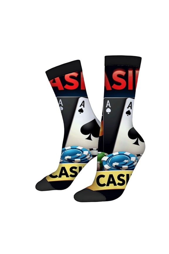 Four Seasons Universal Socks (2 Pairs) - Trendy Unisex Socks with Bold Casino Design: Playing Cards Chips and ' CASINO ' Print