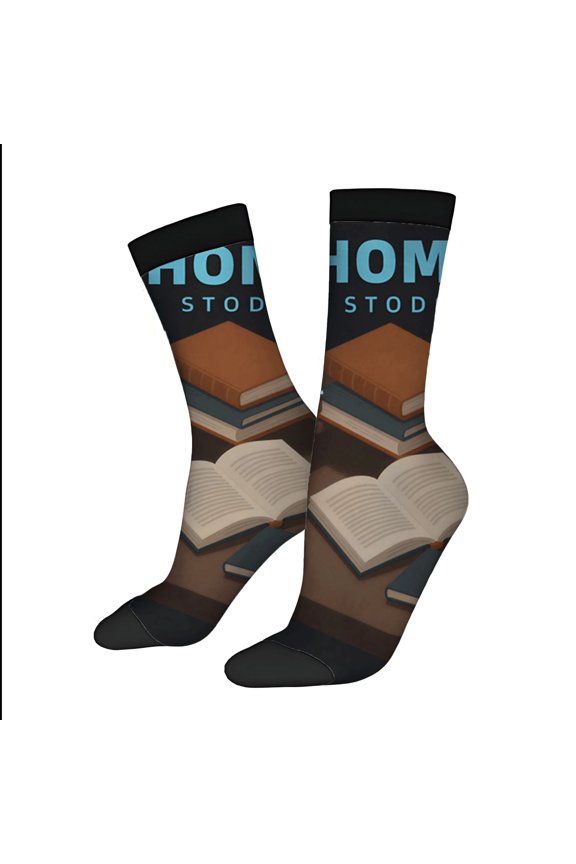 Four Seasons Universal Socks (2 Pairs) - Trendy Unisex Socks with Book Stack Design on Dark Gradient Background ' HOME STUDIO ' Print