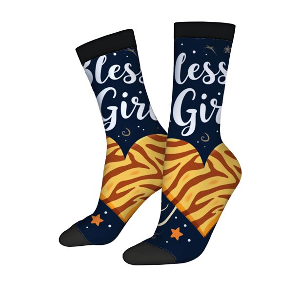 Four Seasons Universal Socks - 2 Pairs Trendy Unisex Socks with Dark Blue Background Star & Zebra Pattern ' Bless Girl ' Design