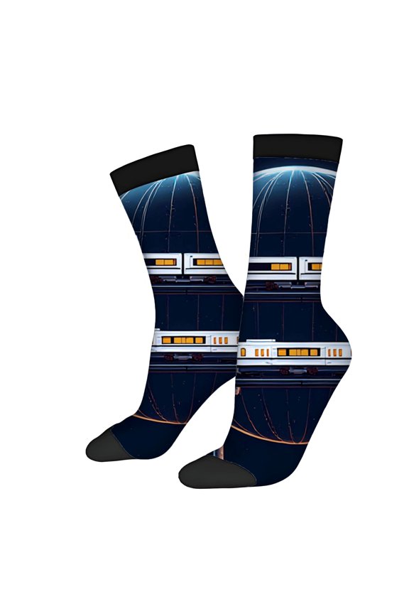 Four Seasons Universal Socks (2 Pairs) - Trendy Unisex Socks with Futuristic Train Design Orange Windows on Dark Background