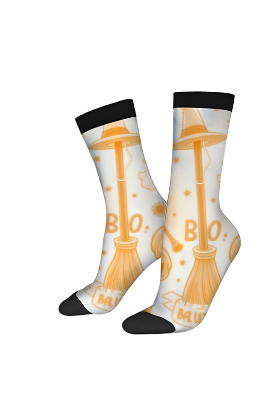 Four Seasons Universal Socks (2 Pairs) - Trendy Unisex Socks with Halloween Broomstick Witch Hat Stars & ' BOO ' Design
