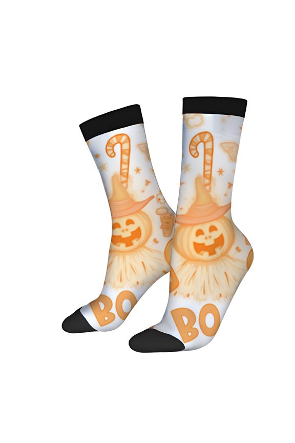 Four Seasons Universal Socks (2 Pairs) - Trendy Unisex Socks with Halloween Pumpkin Witch Hat Stars & Candy Canes Design Bold ' BOO '