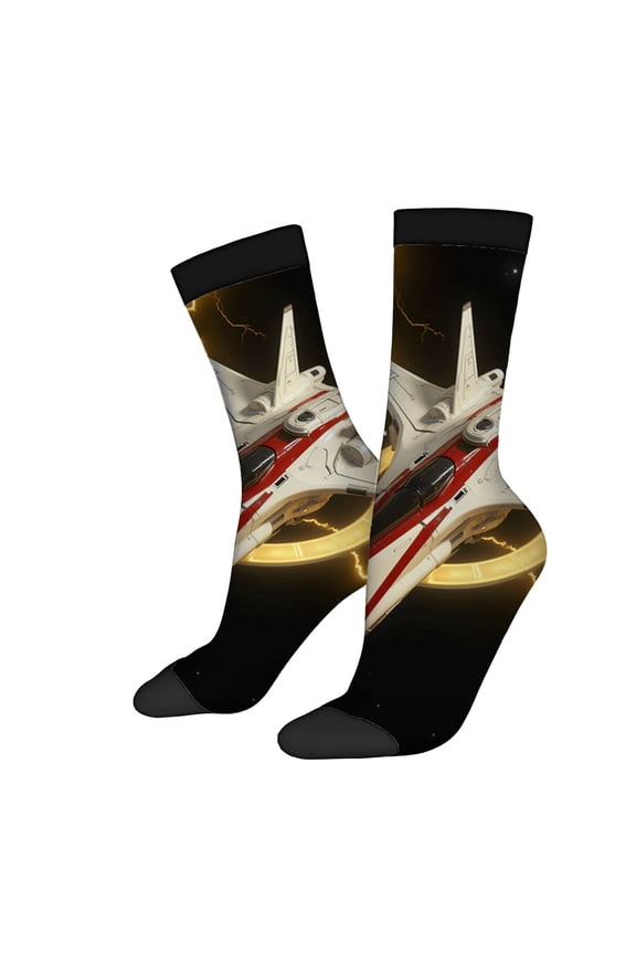 Four Seasons Universal Socks (2 Pairs) - Trendy Unisex Socks with Space-Themed Design Featuring Red & White Spaceships on Dark Background