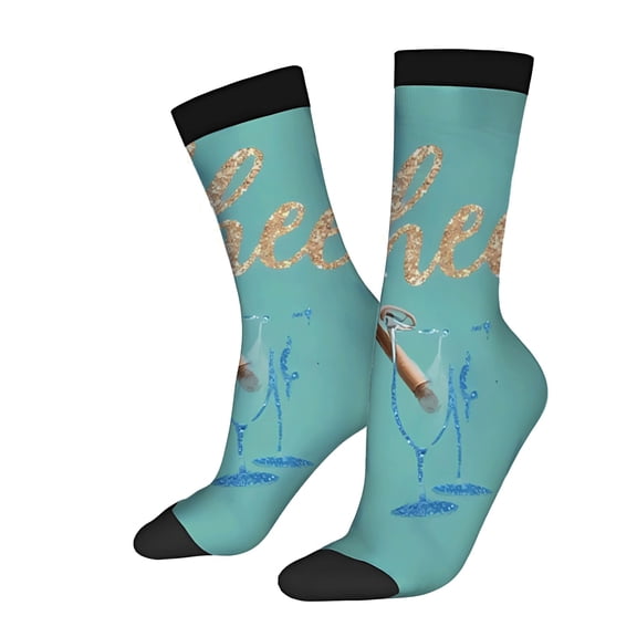 Four Seasons Universal Socks - 2 Pairs Trendy Unisex Socks with Teal Background Glittery ' Cheers ' Text & Champagne Glass Design