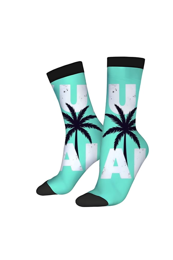Four Seasons Universal Socks - 2 Pairs Trendy Unisex Socks with Turquoise Background & Black Palm Tree Design ' UAU ' Print