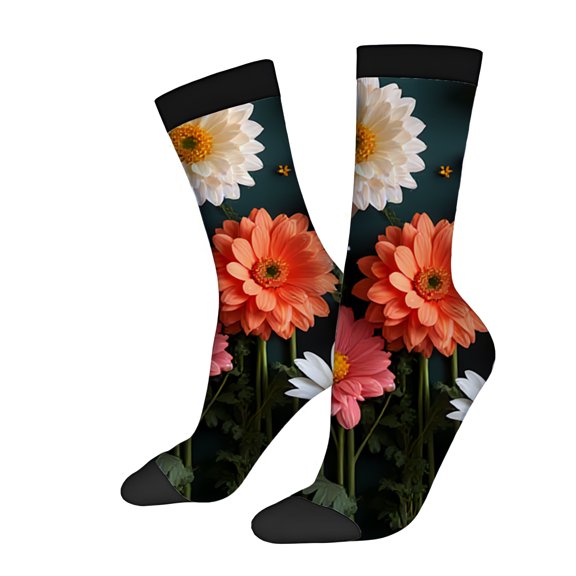 Four Seasons Universal Socks (2 Pairs) - Unisex Trendy Floral Design Black Base with Vibrant Pink Flowers & White Daisies Mixed Color Casual Wear Socks