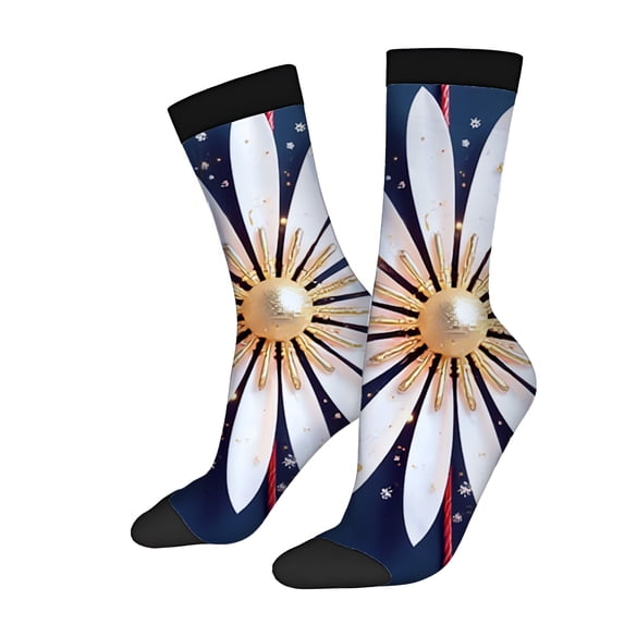 Four Seasons Universal Socks (2 Pairs) - Unisex Trendy Floral Design with Dark Blue Background White Petals & Golden Sparkles Wintery Snowflake Accents Mixed Color Socks