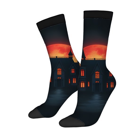 Four Seasons Universal Socks (2 Pairs) - Unisex Trendy Halloween Design with Red Moon Spooky Trees - Mixed Color Fun Socks