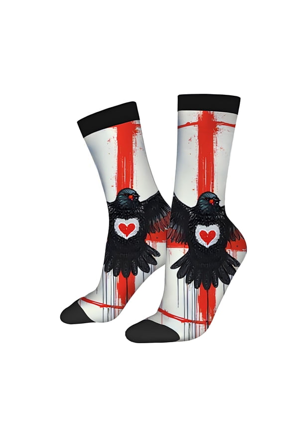 Four Seasons Universal Socks (2 Pairs) - Unisex Trendy Mixed Color Socks with Bold Black Wing and Red Accents on White Background Modern Artistic Design
