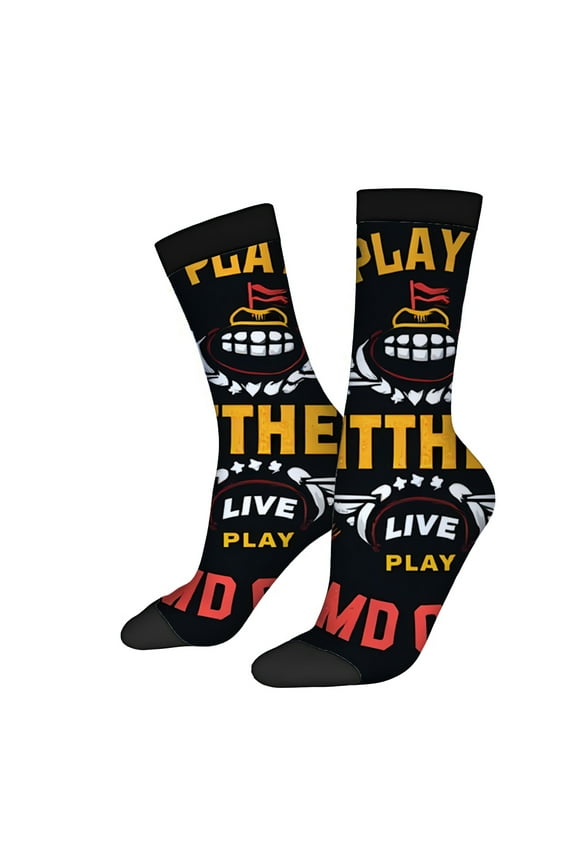 Four Seasons Universal Socks (2 Pairs) - Unisex Trendy Mixed Color Socks with Bold " PUT BUT FIT " and " BRING STRONG " Design Featuring Graphic Running Figure Perfect for All Seasons