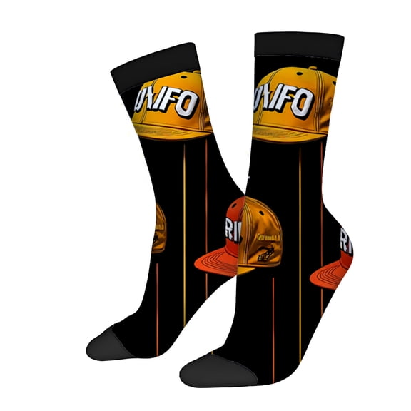 Four Seasons Universal Socks (2 Pairs) - Unisex Trendy Mixed Color Socks with Bold Yellow Cap Design Featuring ' NUJU ' Letters on Black Background Gray Toe Cap