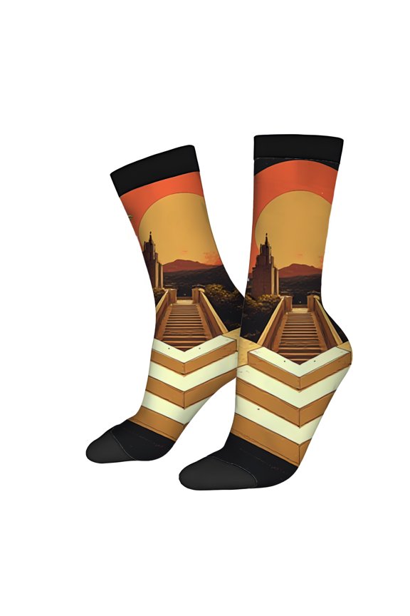 Four Seasons Universal Socks (2 Pairs) - Unisex Trendy Mixed Color Socks with Classical Architectural Design Featuring Ancient Columns and Serene Sunset Background