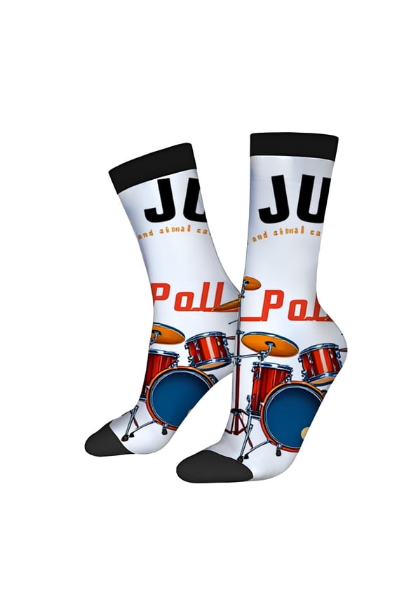 Four Seasons Universal Socks (2 Pairs) - Unisex Trendy Mixed Color Socks with Drum Set Design ' 2005 ' & ' A Life in Music ' Text Perfect for Music Lovers
