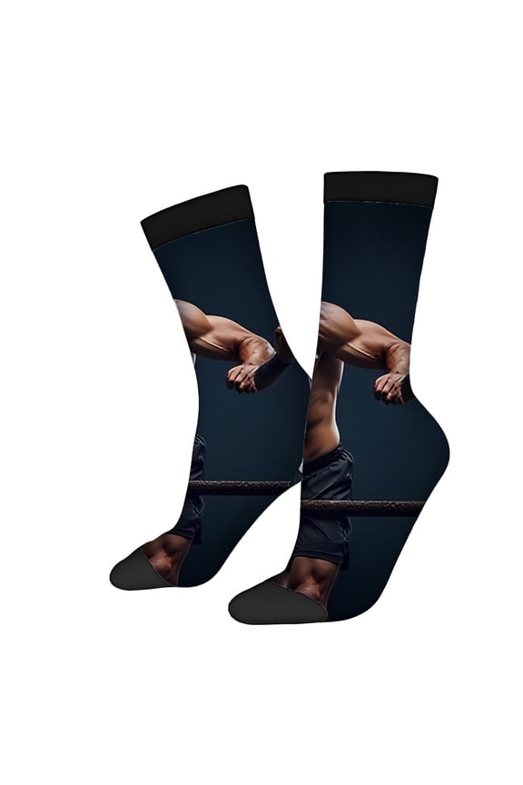 Four Seasons Universal Socks (2 Pairs) - Unisex Trendy Mixed Color Socks Featuring a Muscular Boxer Design in a Dark Background Perfect for All Seasons