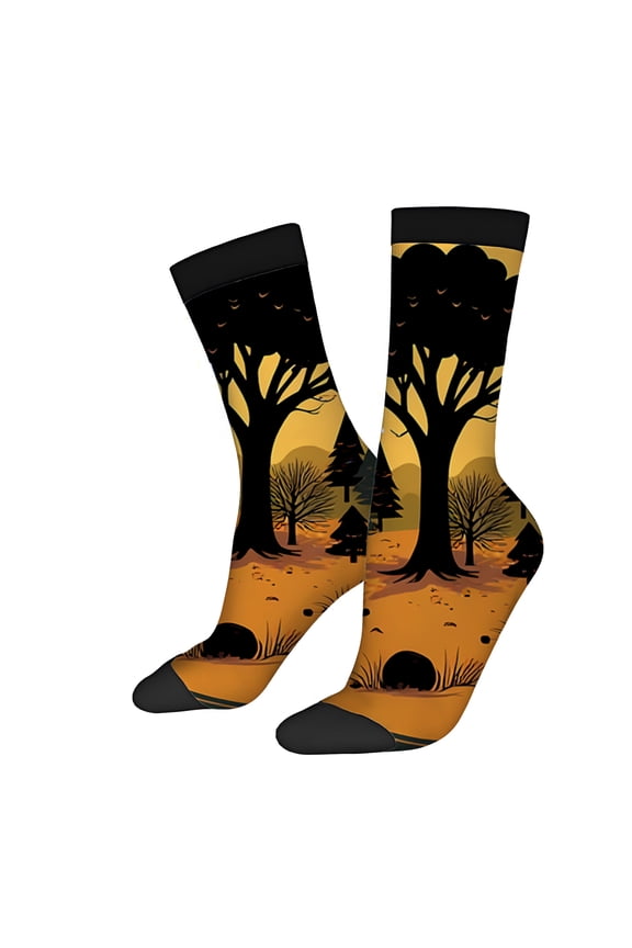 Four Seasons Universal Socks (2 Pairs) - Unisex Trendy Mixed Color Socks with Forest Scene Design Silhouetted Trees Cloudy Sky and Nature Landscape Pattern