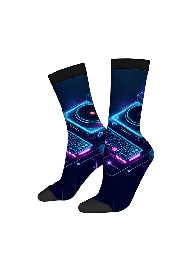 Four Seasons Universal Socks (2 Pairs) - Unisex Trendy Mixed Color Socks with Futuristic Laptop Design Glowing Blue & Purple Lights Aesthetic Geometric Patterns