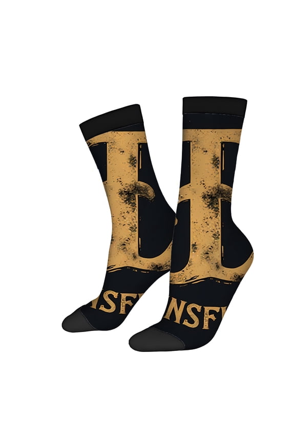 Four Seasons Universal Socks (2 Pairs) - Unisex Trendy Mixed Color Socks with Musical Notes and Swirls Design Ribbed Cuff Bold Gold ' TRANSFER ' Print