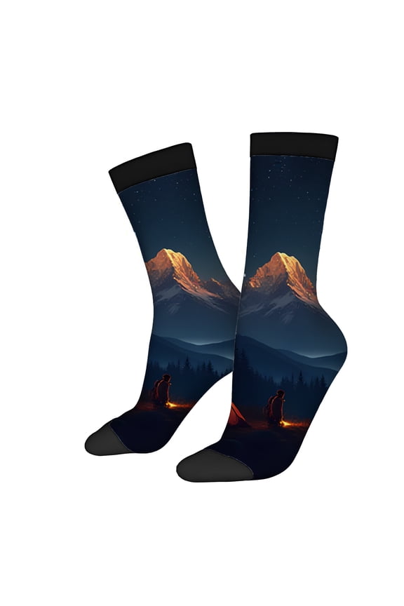 Four Seasons Universal Socks (2 Pairs) - Unisex Trendy Mixed Color Socks with Nighttime Camping Scene Tent & Campfire Design Perfect for Outdoor Lovers