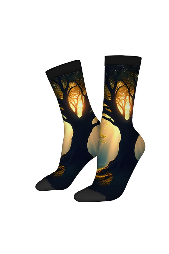 Four Seasons Universal Socks (2 Pairs) - Unisex Trendy Mixed Color Socks with Serene Forest Scene Design Featuring a Majestic Tree and Warm Sunlight Glow