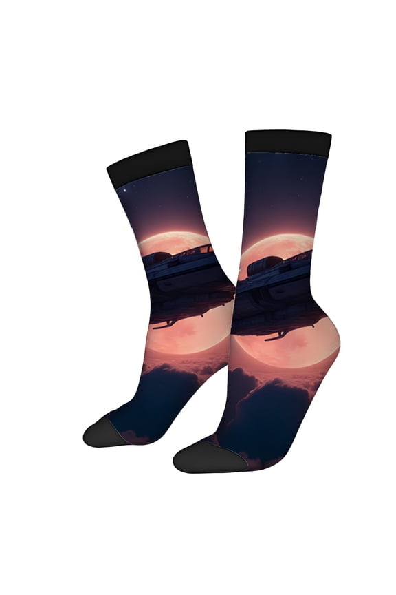 Four Seasons Universal Socks (2 Pairs) - Unisex Trendy Mixed Color Socks with Space-Themed Design Glowing Moon & Spaceship Pattern Perfect for All Seasons