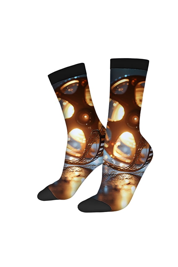 Four Seasons Universal Socks (2 Pairs) - Unisex Trendy Mixed Color Socks with Abstract Musical Instrument & Filmstrip Design Vibrant Bokeh Background