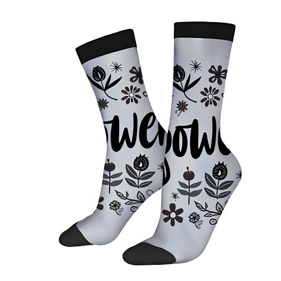 Four Seasons Universal Socks (2 Pairs) - Unisex Trendy Mixed Color Socks with Black Floral and Abstract Designs Featuring ' Hope ' in Cursive Font