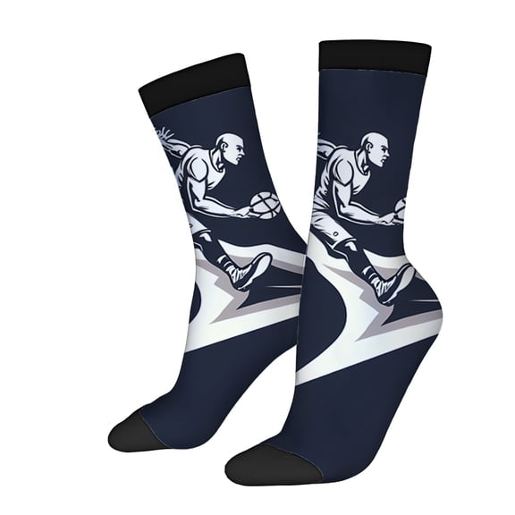 Four Seasons Universal Socks (2 Pairs) - Unisex Trendy Mixed Color Socks with Dynamic Basketball Player Design Navy Blue Background & Black Cuffs