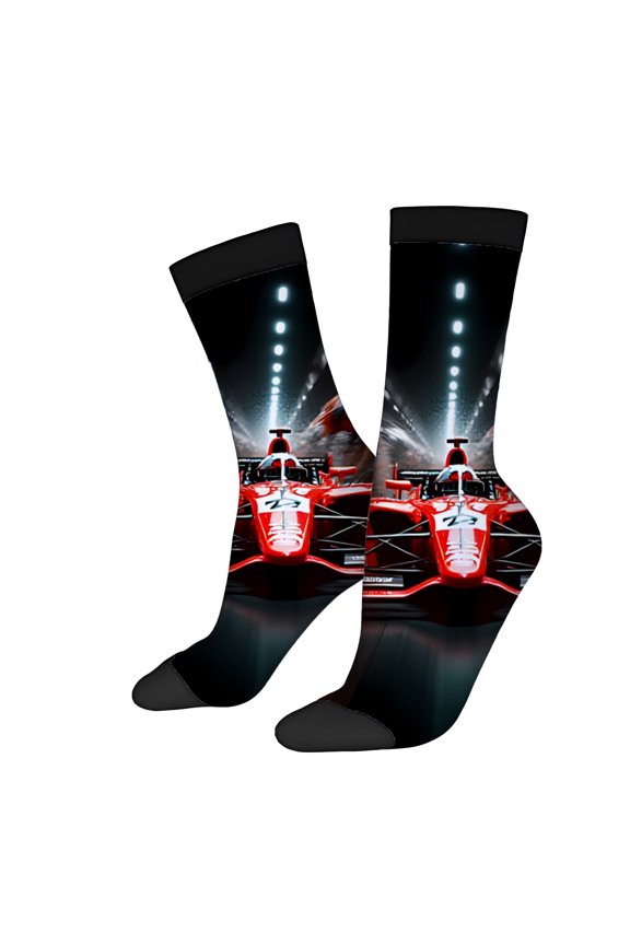 Four Seasons Universal Socks (2 Pairs) - Unisex Trendy Mixed Color Socks with Dynamic Racing Scene Design Vibrant Black Red & Orange Highlights