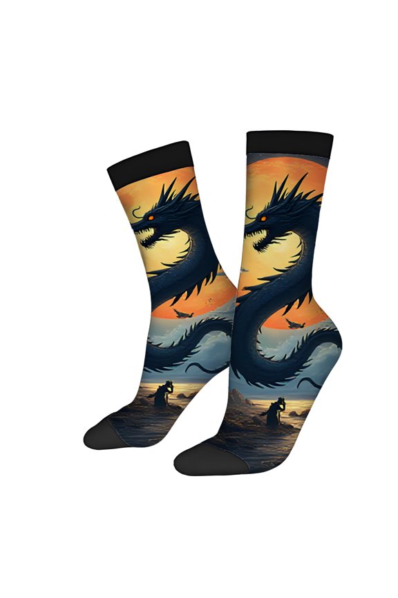 Four Seasons Universal Socks (2 Pairs) - Unisex Trendy Mixed Color Socks with Fantasy Dragon & Moon Design Perfect for All Occasions