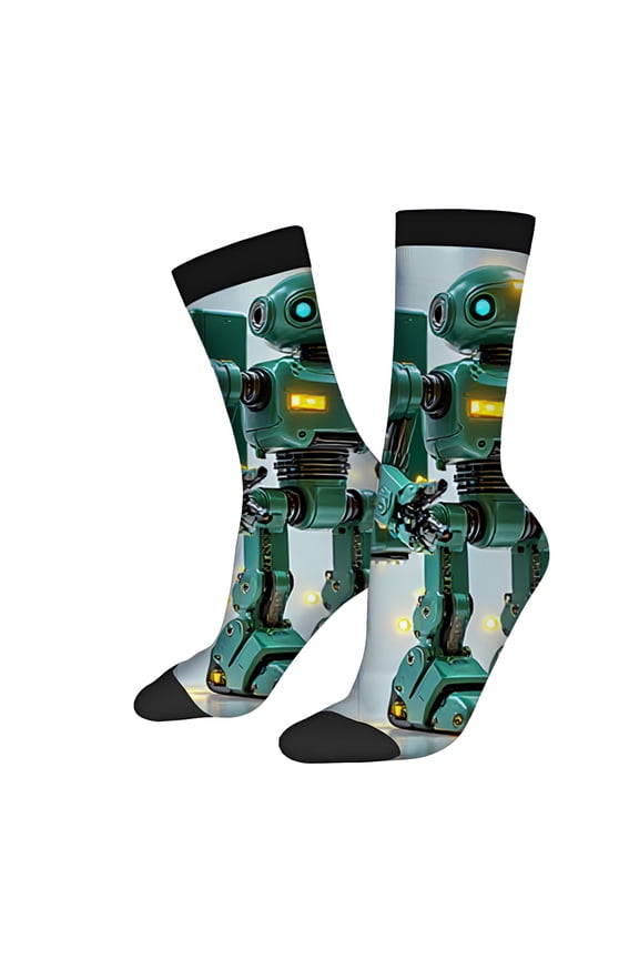 Four Seasons Universal Socks (2 Pairs) - Unisex Trendy Mixed Color Socks with Fun Green Robot Design and Black Trim