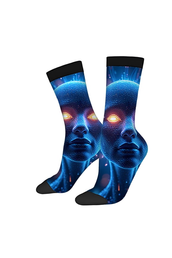 Four Seasons Universal Socks (2 Pairs) - Unisex Trendy Mixed Color Socks with Futuristic Glowing Digital Pattern Vibrant Blue Orange & Pink Design