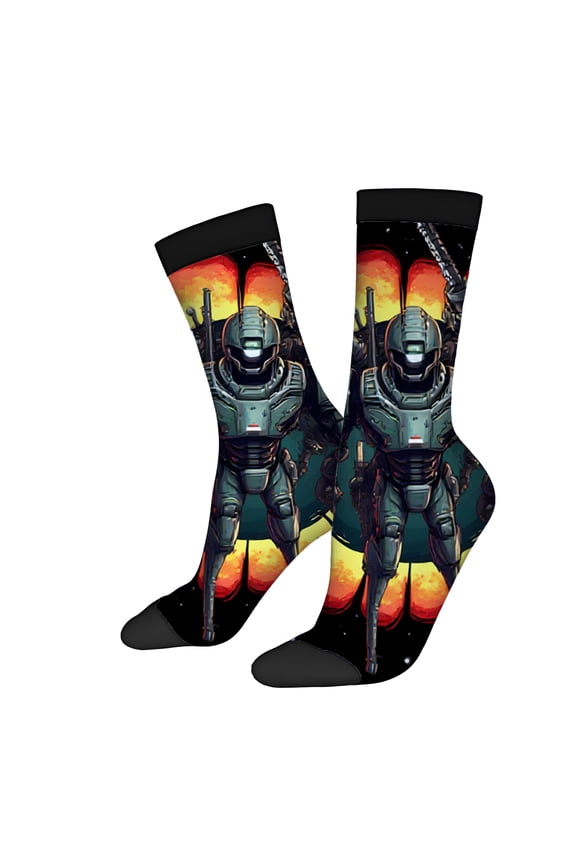 Four Seasons Universal Socks (2 Pairs) - Unisex Trendy Mixed Color Socks with Futuristic Robot Design and Fiery Explosion Background