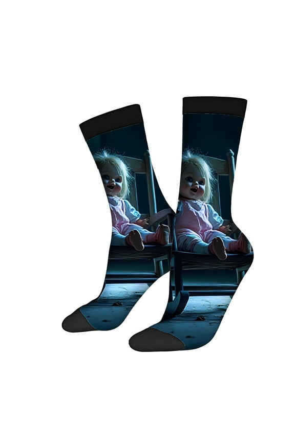 Four Seasons Universal Socks (2 Pairs) - Unisex Trendy Mixed Color Socks with Haunting Doll Rocking Chair Design Vintage Horror Aesthetic