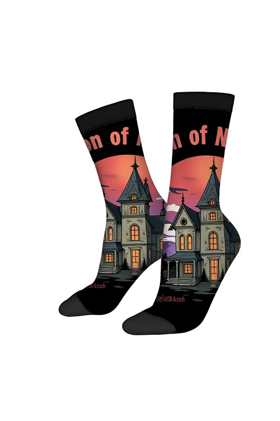 Four Seasons Universal Socks (2 Pairs) - Unisex Trendy Mixed Color Socks with House Under Night Sky Design Pink and Purple Clouds Cozy Porch Style