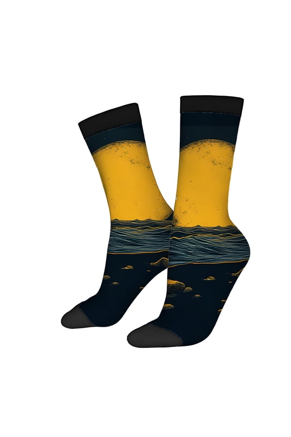 Four Seasons Universal Socks (2 Pairs) - Unisex Trendy Mixed Color Socks with Large Yellow Moon Over Water Design Nighttime Terrain Pattern