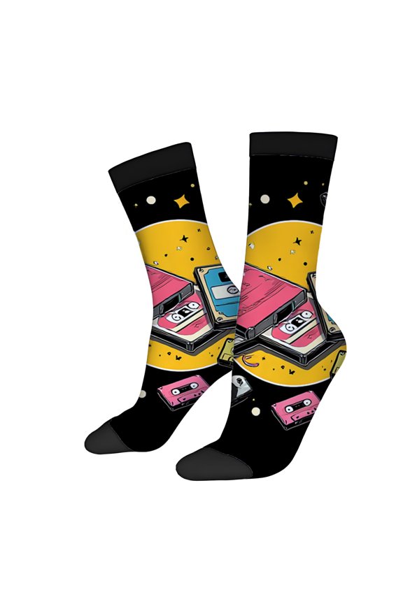 Four Seasons Universal Socks (2 Pairs) - Unisex Trendy Mixed Color Socks with Retro Black Design Featuring Pink Book Yellow Stars & Cassette Tapes