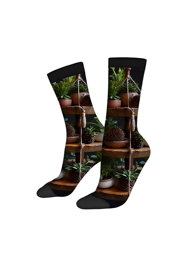 Four Seasons Universal Socks (2 Pairs) - Unisex Trendy Mixed Color Socks with Rustic Wooden Shelf and Potted Plants Design Perfect for Nature Lovers