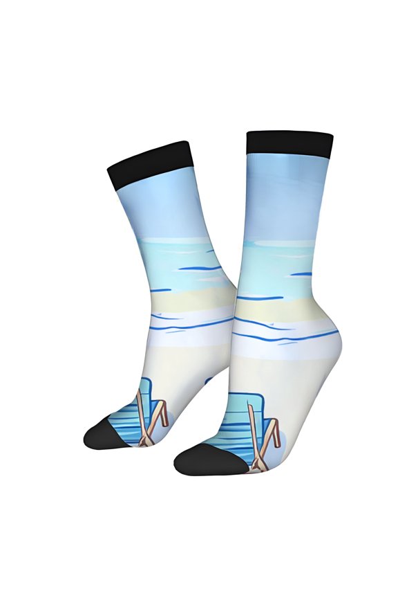 Four Seasons Universal Socks (2 Pairs) - Unisex Trendy Mixed Color Socks with Serene Beach Scene Palm Trees Chair Design for a Tropical Vibe