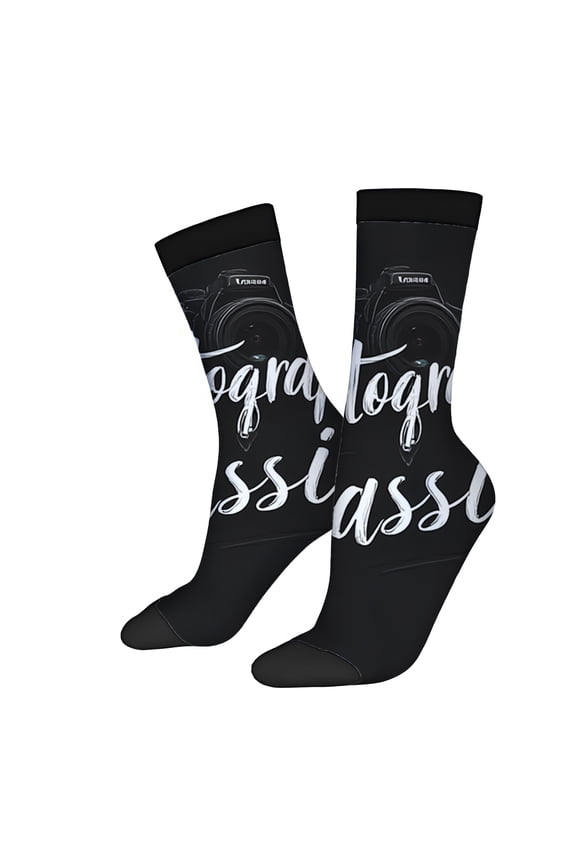 Four Seasons Universal Socks (2 Pairs) - Unisex Trendy Mixed Color Socks with Simple Camera Design & ' Photographer ' Text in White Cursive
