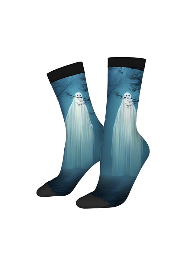 Four Seasons Universal Socks (2 Pairs) - Unisex Trendy Mixed Color Socks with Spooky Halloween Ghost Design on Dark Blue Background