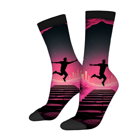 Four Seasons Universal Socks (2 Pairs) - Unisex Trendy Mixed Color Socks with Surreal Landscape Design Vibrant Staircase & Pink Clouds