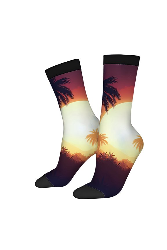 Four Seasons Universal Socks (2 Pairs) - Unisex Trendy Mixed Color Socks with Tropical Sunset Design and Silhouetted Palm Trees