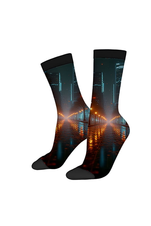 Four Seasons Universal Socks (2 Pairs) - Unisex Trendy Mixed Color Socks with Urban Nighttime Scene Design Reflective Wet Street Pattern