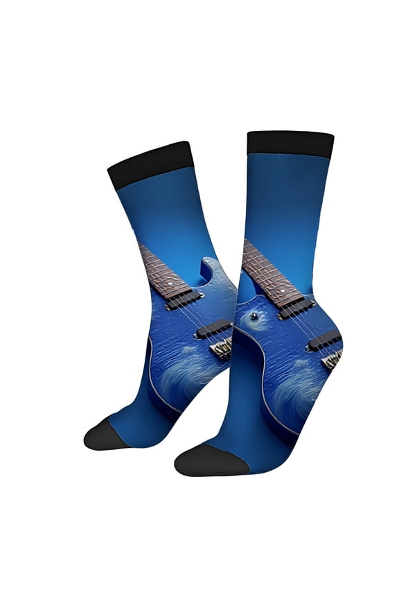 Four Seasons Universal Socks (2 Pairs) - Unisex Trendy Mixed Color Socks with Vibrant Guitar Design in Blue and Black