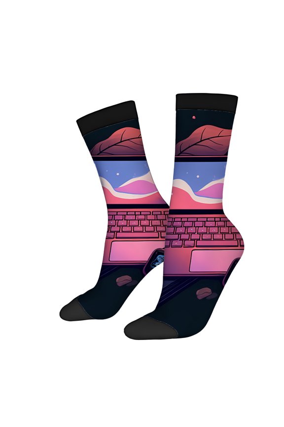 Four Seasons Universal Socks (2 Pairs) - Unisex Trendy Mixed Color Socks with Vibrant Laptop Design Pine Trees & Night Sky Accents in Pink and Purple