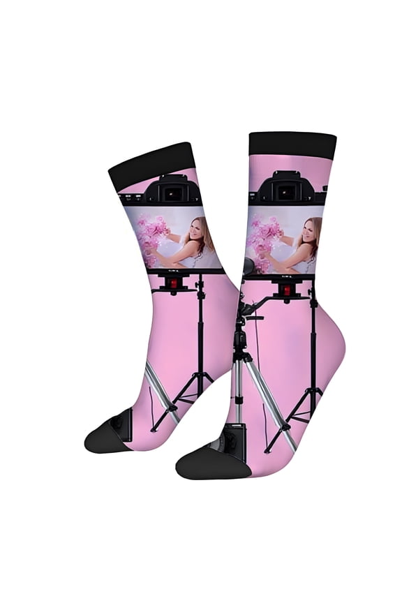Four Seasons Universal Socks (2 Pairs) - Unisex Trendy Mixed Color Socks with Vibrant Pink Camera Setup Design Tripod Pattern