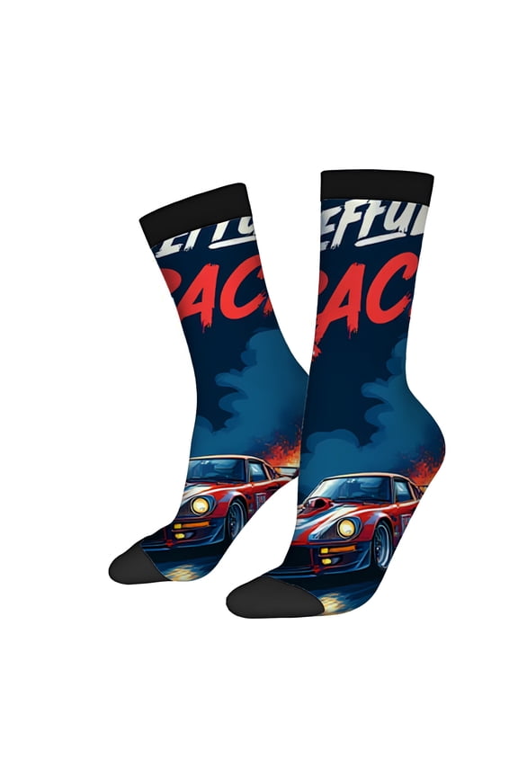 Four Seasons Universal Socks (2 Pairs) - Unisex Trendy Mixed Color Socks with Vibrant Racing Car Design and Bold ' POWER ' Text