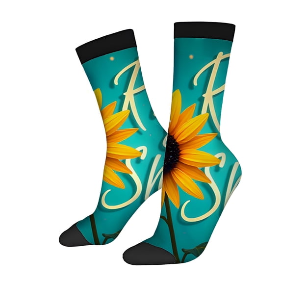 Four Seasons Universal Socks (2 Pairs) - Unisex Trendy Mixed Color Socks with Vibrant Sunflower Design on Teal Background Perfect for All Seasons